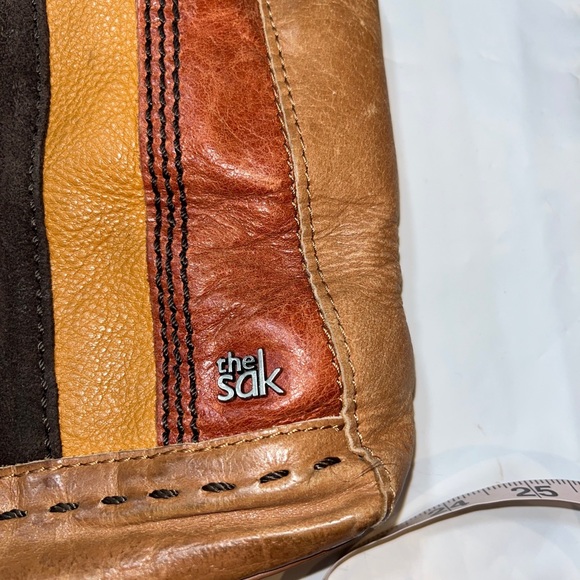 the SAK Tan camel orange brown Multi Leather STRIPED studded crossbody 10x11” L - Picture 9 of 16